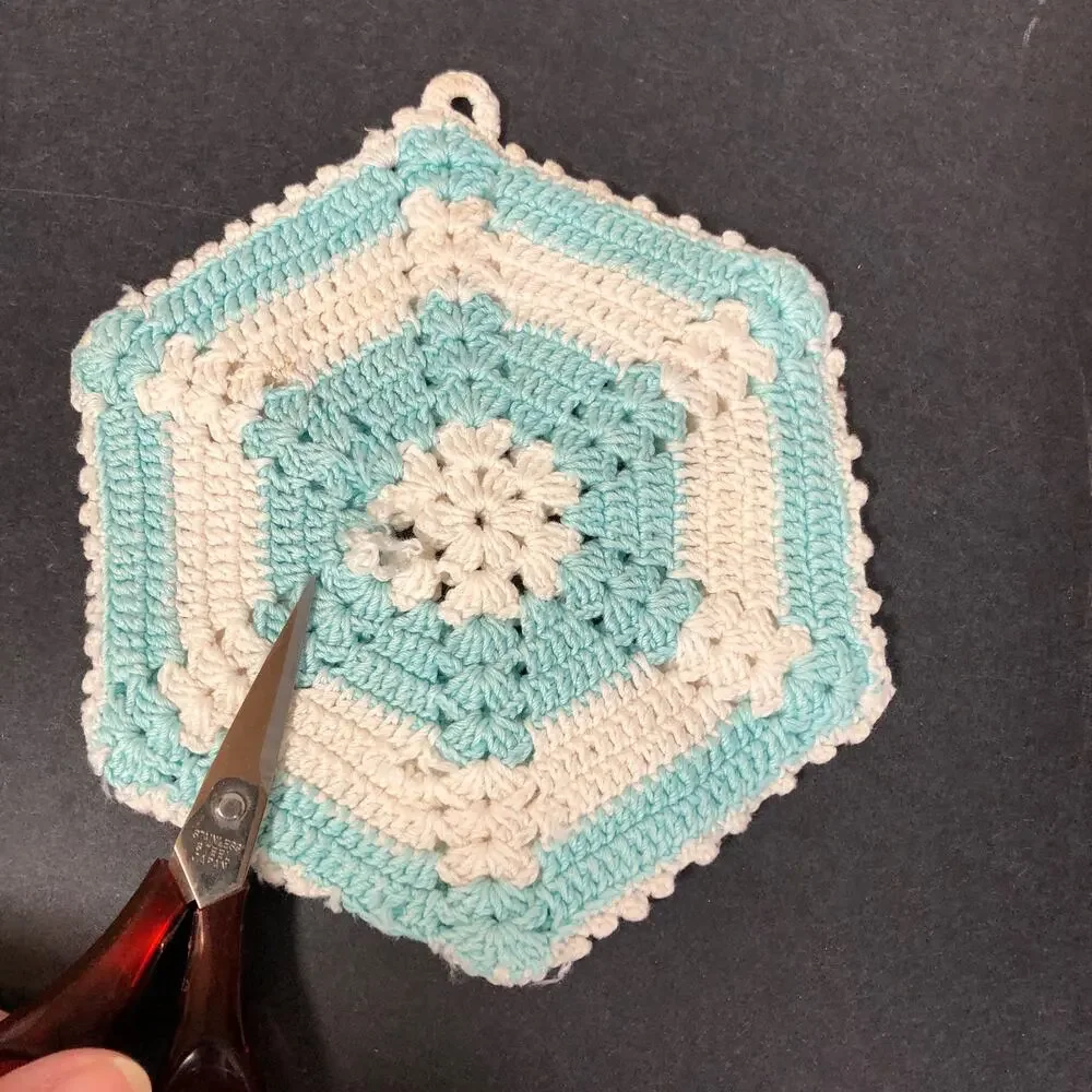 Vintage Potholders, Crocheted Pink, Aqua Blue, Red and White, Set of Four Retro